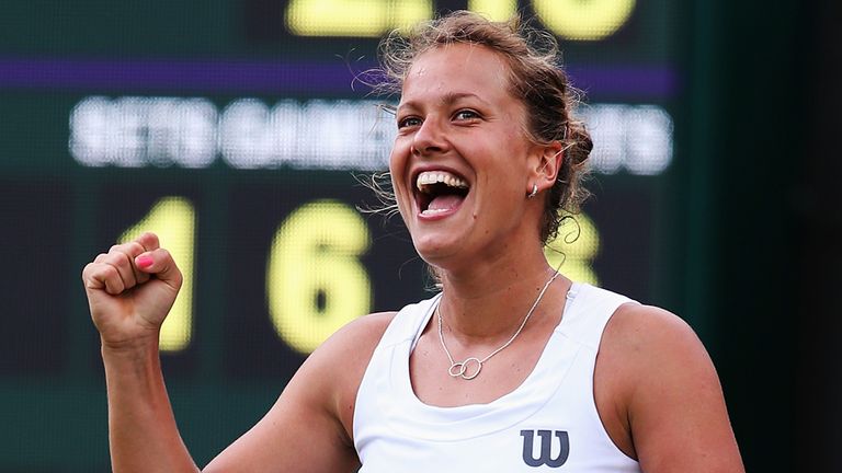 Barbora Zahlavova Strycova of Czech Republic celebrates beating Li Na at Wimbledon 2014