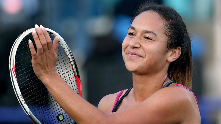 EASTBOURNE, ENGLAND - JUNE 17:  Heather Watson of Great Britain celebrates her win over Tsvetana Pironkova of Bulgaria during the Aegon International