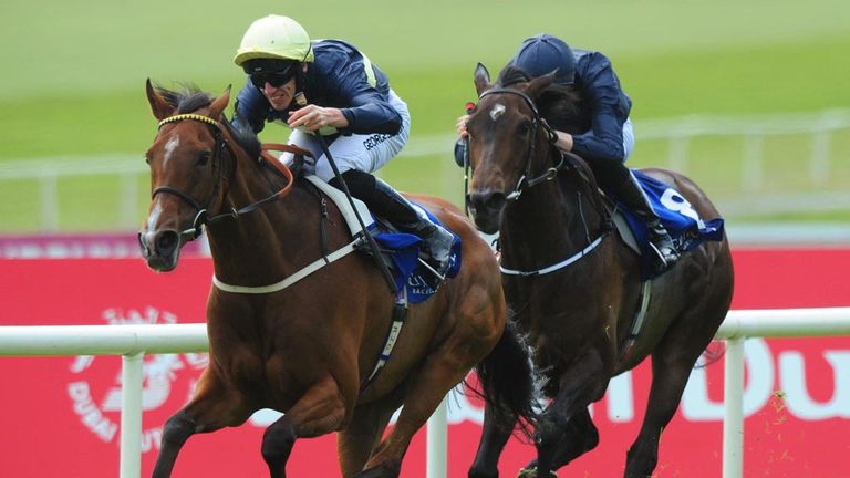 Thistle Bird and George Baker (left) win the Newbridge Silverware Pretty Polly Stakes