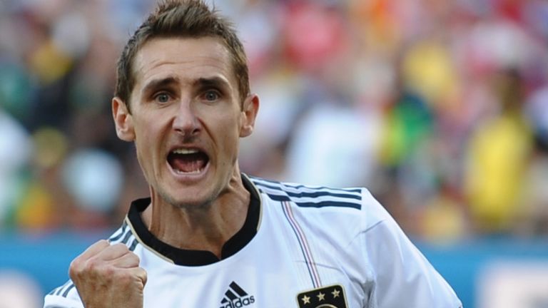 Germany's striker Miroslav Klose celebrates after scoring the opening goal during the 2010 World Cup round of 16 match against England