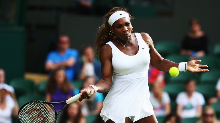 Serena Williams in action during her Ladies' Singles first round match at Wimbledon