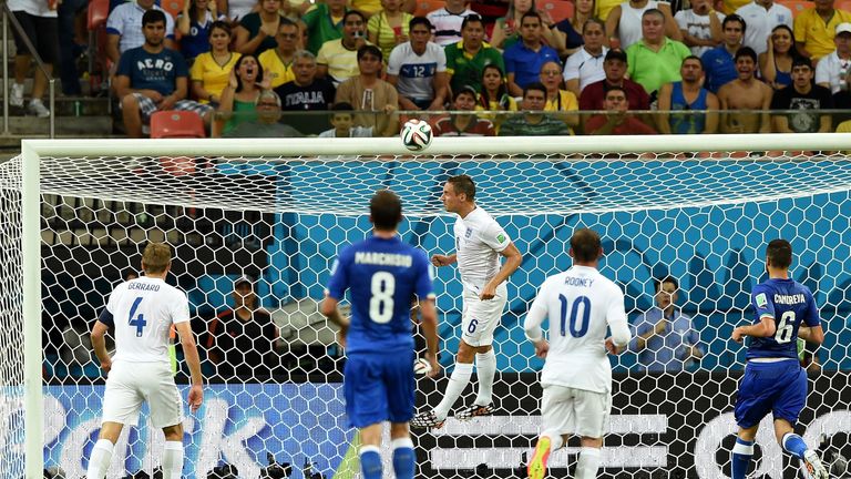 Phil Jagielka of England heads the ball off the line during the 2014 FIFA World Cup Brazil Group D match between England and Italy