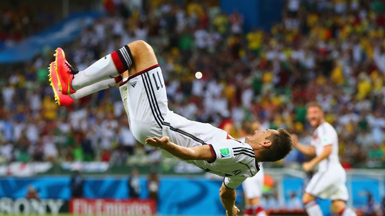 Miroslav Klose of Germany celebrates after scoring against Ghana to equal Ronaldo's World Cup record
