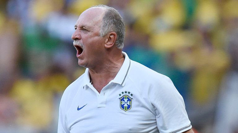 Brazil's coach Luiz Felipe Scolari shouts out during the World Cup round of 16 soccer match between Brazil and Chile 