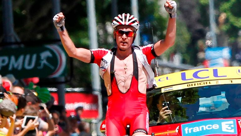 Yury Trofimov of Russia and Team Katusha celebrates winning the the fourth stage of the Criterium du Dauphine on June 11, 2014 between Montelimar and Gap, 