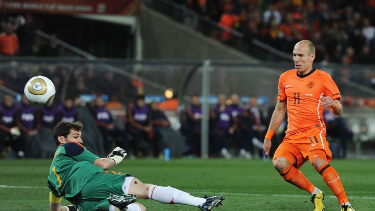 Iker Casillas of Spain saves a shot from Arjen Robben of the Netherlands during the 2010 FIFA World Cup final in South Africa 