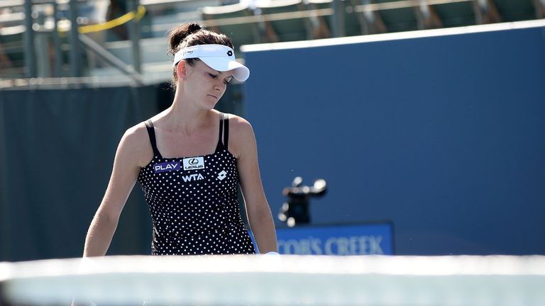 Agnieszka Radwanska reacts against Varvara Lepchenko  during Day 3 of the Bank of the West Classic in Stanford
