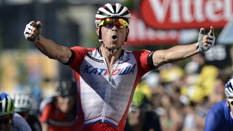 Norway's Alexander Kristoff celebrates as he crosses the finish line at the end of the 185.5 km twelfth stage of the 101st edition of the Tour de France