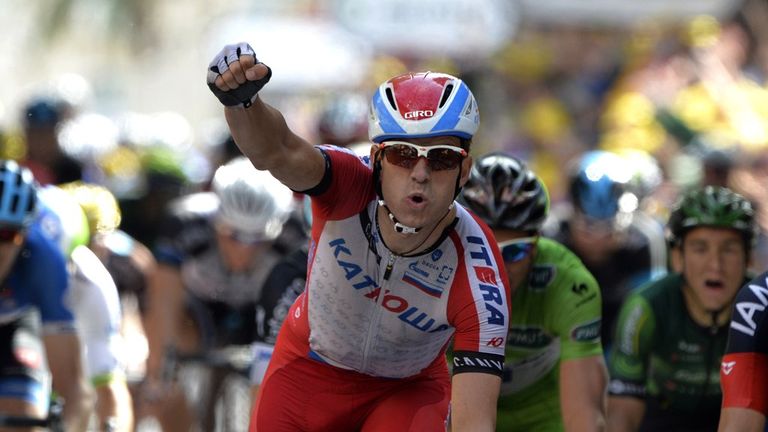 Norway's Alexander Kristoff celebrates as he crosses the finish line at the end of the 222 km fifteenth stage of the 101st edition of the Tour de France 