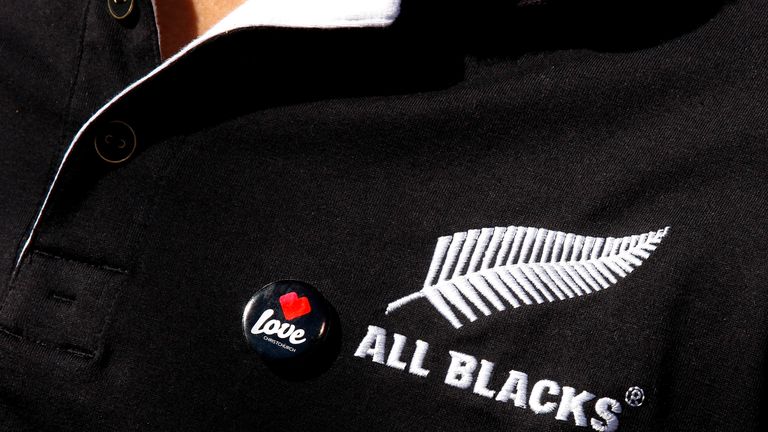 'I Love Christchurch' badge is seen on the jersey of nRichard Kahui of the New Zealand All Blacks IRB Rugby World Cup