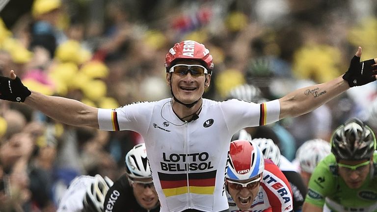 Germany's Andre Greipel celebrates as he crosses the finish line at the end of the 194 km sixth stage of the 101st edition of the Tour de France 