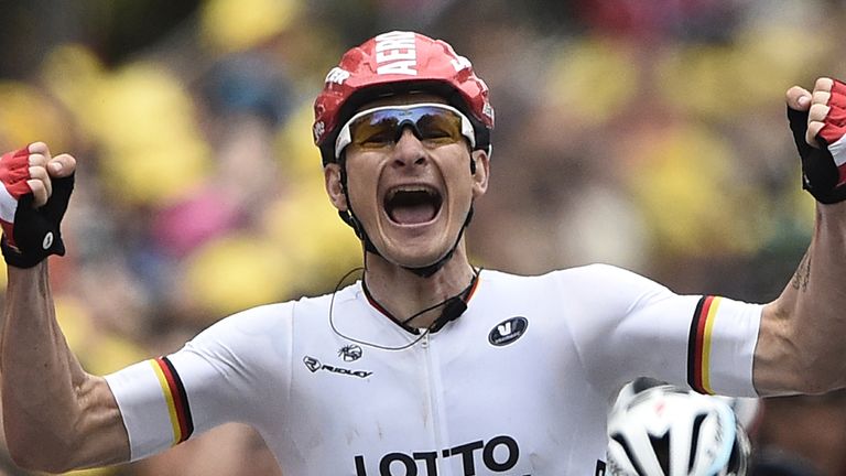 Germany's Andre Greipel celebrates as he crosses the finish line at the end of the 194 km sixth stage of the 101st edition of the Tour de France