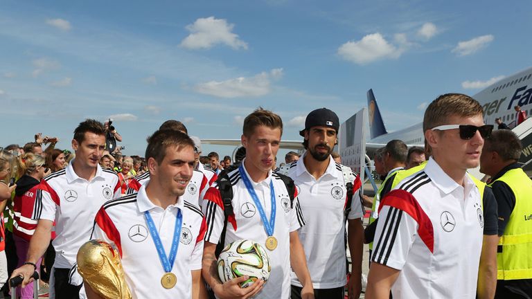 Miroslav Klose, Philipp Lahm, Lars Bender, Sami Khedira and Toni Kroos enjoying their heroic welcome