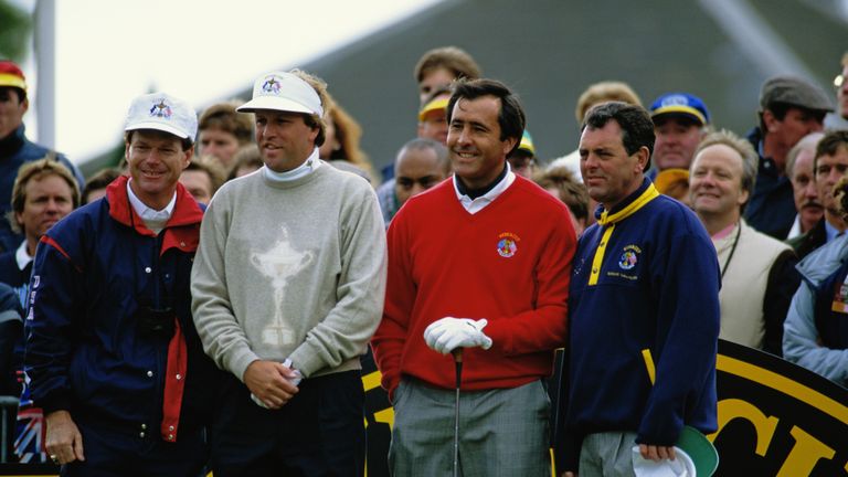 Ryder Cup golfers (left to right) Tom Watson (US captain), Jim Gallagher Jnr, Severiano Ballesteros and Bernard Gallacher (European Captain) at The Belfry,