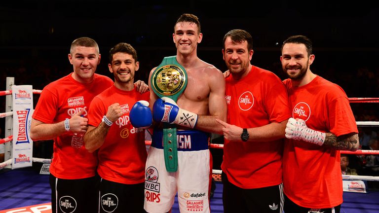 CARDIFF, WALES - MAY 17:  Callum Smith (c) celebrates with his team after defeating Tobias Webb during their WBC International Super Middleweight Title bou