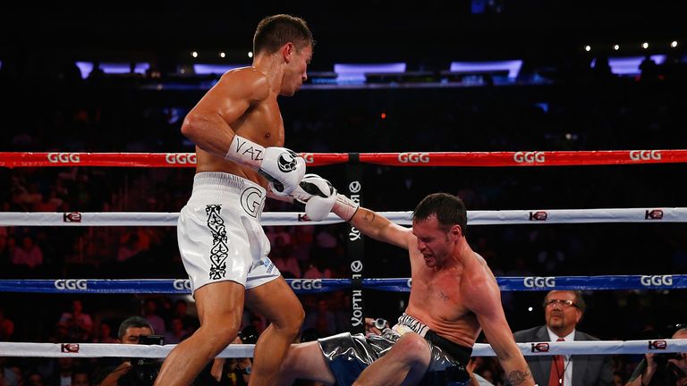 NEW YORK, NY - JULY 26:  Gennady Golovkin knocks out Daniel Geale in the third round to win the WBA/IBO middleweight championship at Madison Square Garden 