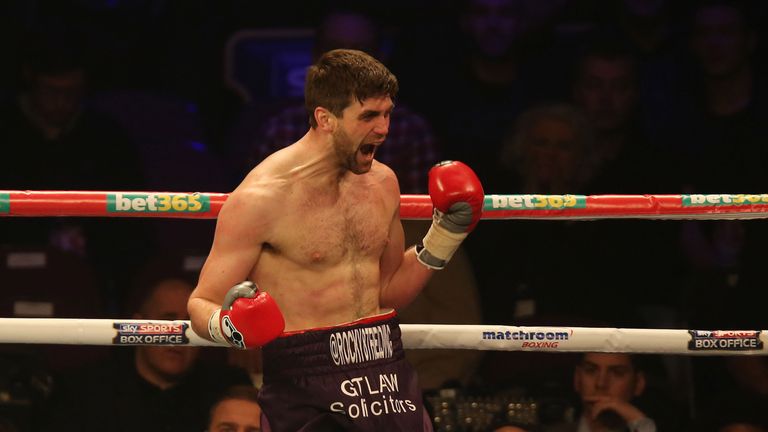Rocky Fielding celebrates knocking down Luke Blackledge in their Commonwealth Super Middleweight Title fight at the Phones 4u Arena, Manchester.
