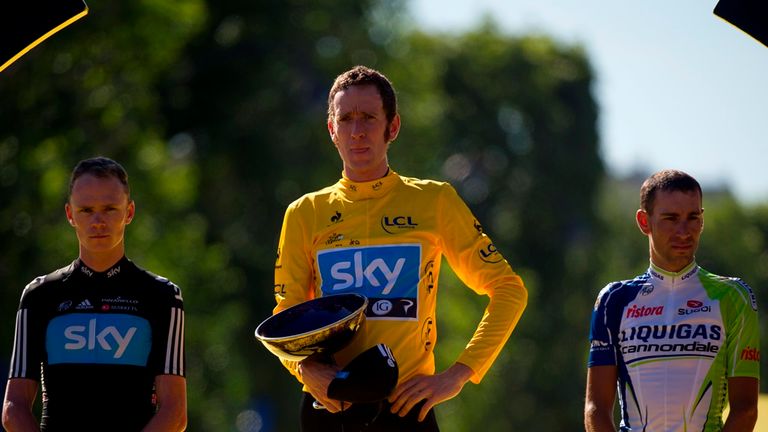 Chris Froome  British Bradley Wiggins, and third-placed, Italy's Vincenzo Nibali  2012 Tour de France 