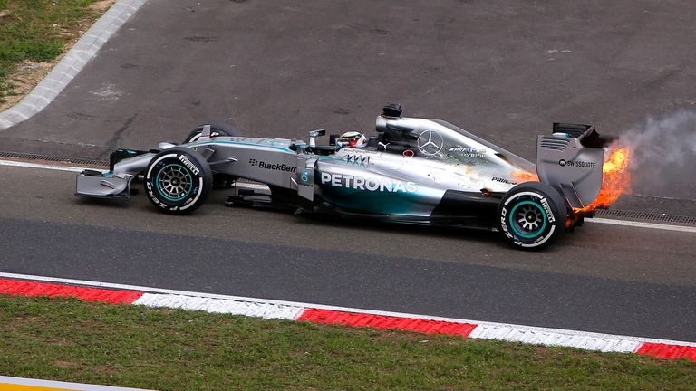 Lewis Hamilton's Mercedes on fire