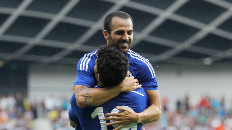 Diego Costa of Chelsea celebrate scoring a goal with Cesc Fabregas, v Olimpija Ljubljana, friendly