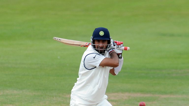 DERBY, ENGLAND - JULY 2:  Cheteshwar Pujara of India in action during day two of the tour match between Derbyshire and India at The 3aaa County Ground on J
