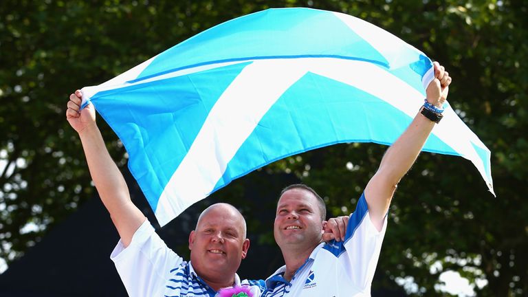 GLASGOW, SCOTLAND - JULY 28:  Alex Marshall and Paul Foster of Scotland celebrate after winning gold in the Men's Pairs Final at Kelvingrove Lawn Bowls Cen