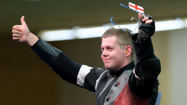 England's Daniel Rivers celebrates his Bronze Medal following the final of the 10m Air Rifle Men at the Barry Buddon Shooting Centre in Carnoustie