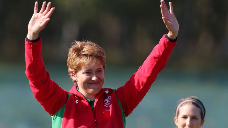 Wales's Elena Allen on the podium with her following Silver Medal performance in the Skeet Women Final at the Barry Buddon Shooting Centre in Carnoustie