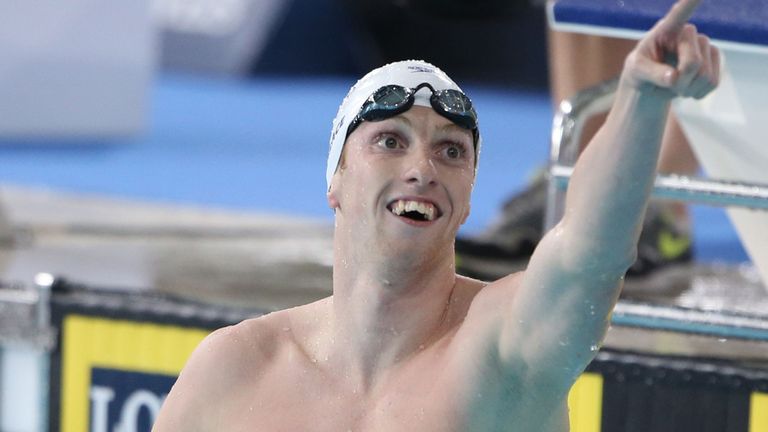 Scotland's Daniel Wallace celebrates winning the Men's 400m Individual Medley during the at Tollcross International Swimming Centre