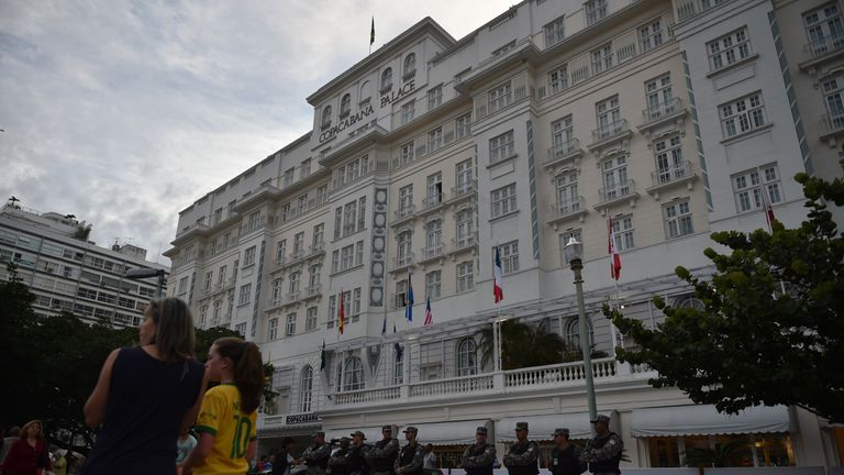 Security personnel stand guard outside Copacabana Palace hotel, official World Cup accommodation for FIFA executives, following arrest of Ray Whelan