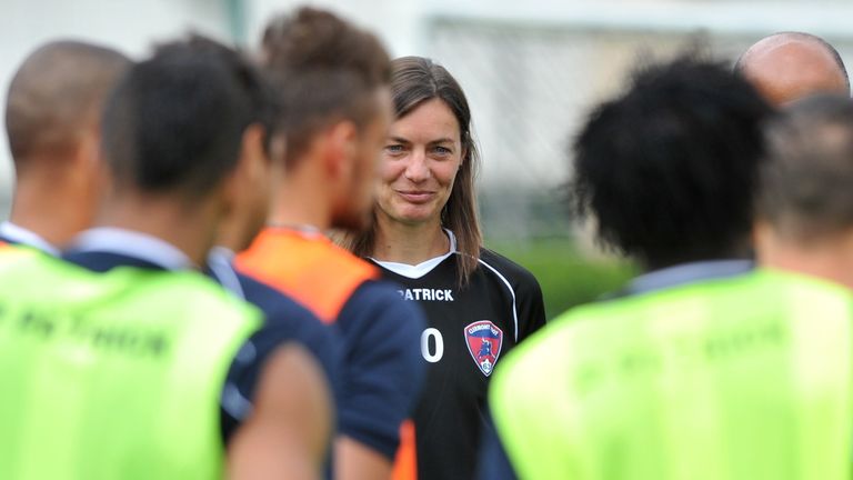 Corinne Diacre, the former captain of the French national women's football team, attends her first training session at Clermont Foot