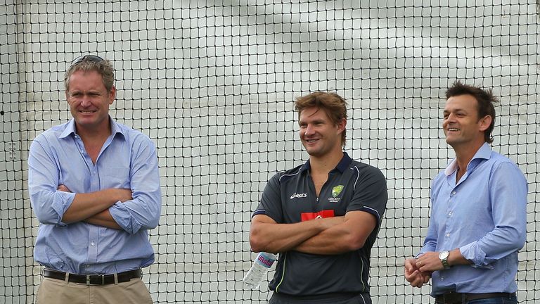 Tom Moody in the nets with Shane Watson and Adam Gilchrist