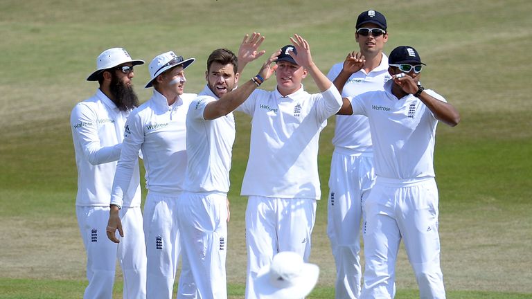 England's James Anderson celebrates with his tream mates during day five of the Third Test