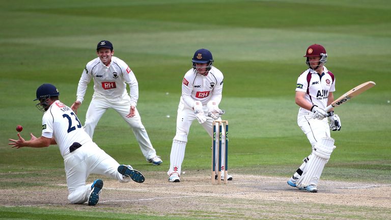 Ben Duckett of Northamptonshire looks on as he caught out by Chris Nash of Sussex during the LV= County Championship match at Hove