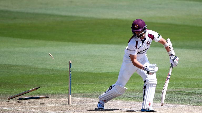 HOVE, ENGLAND - JULY 07: Stephen Peters of Northamptonshire looks on after being bowled out by Steve Magoffin of Sussex during day two of the LV County Cha