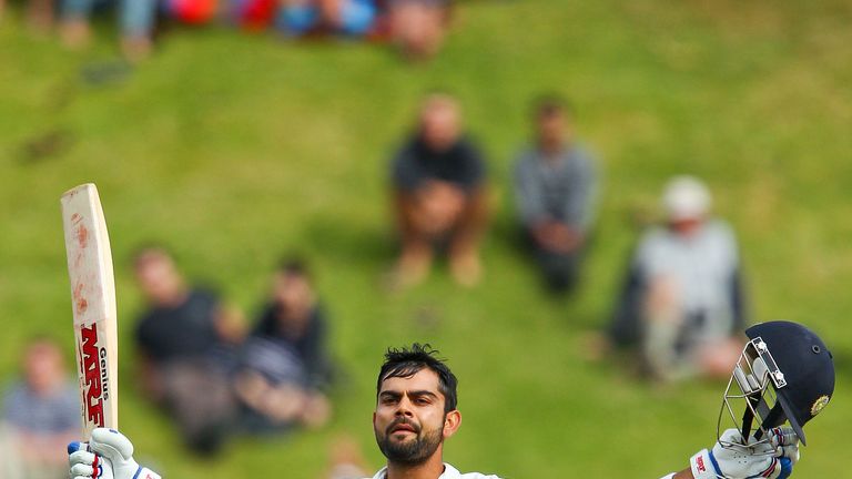 WELLINGTON, NEW ZEALAND - FEBRUARY 18:  Virat Kohli of India celebrates his century during day five of the 2nd Test match between New Zealand and India on 