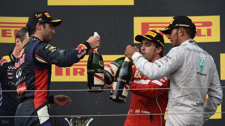 Daniel Ricciardo, Fernando Alonso and Lewis Hamilton on the podium