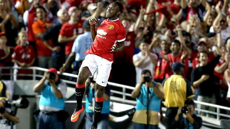 Danny Welbeck jumps for joy after scoring Manchester United's opening goal in a 7-0 hammering of LA Galaxy at the Rose Bowl in Pasadena