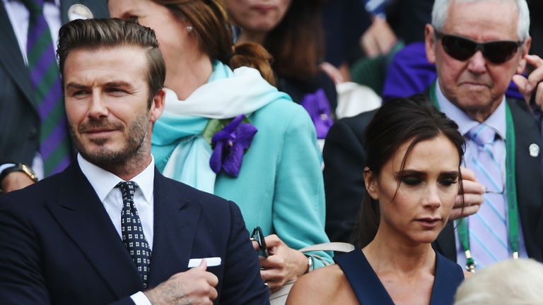 LONDON, ENGLAND - JULY 06:  David Beckham and Victoria Beckham in the Royal Box on Centre Court before the Gentlemen's Singles Final match between Roger Fe