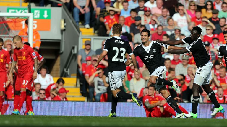 Southampton's Dejan Lovren celebrates his goal during the Barclays Premier League match at Anfield, Liverpool.