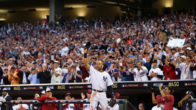 Derek Jeter of the New York Yankees acknowledges the crowd in the MLB All-Star Game