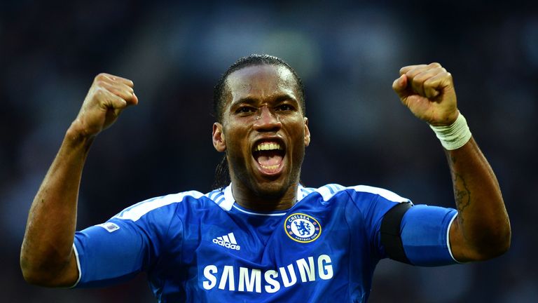 LONDON, ENGLAND - APRIL 15:  Didier Drogba of Chelsea celebrates as  Ramires scores their third goal during the FA Cup with Budweiser Semi Final match betw