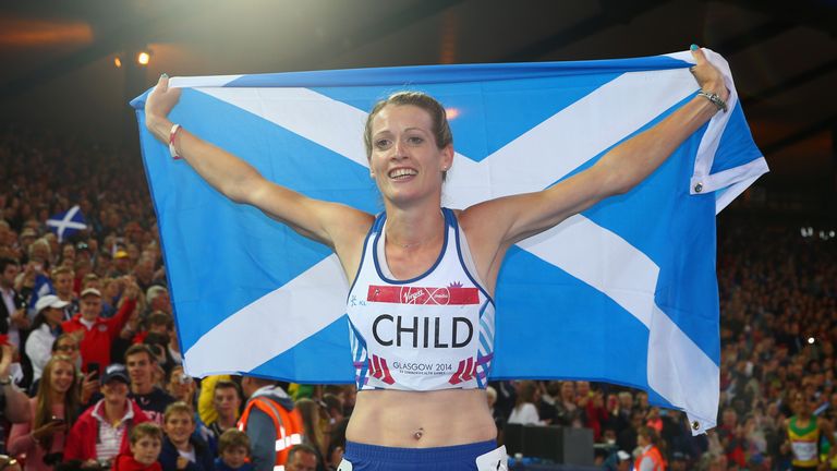 Eilidh Child of Scotland celebrates winning silver in the Women's 400 metres hurdles at the Commonwealth Games