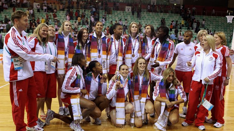 DELHI, INDIA - OCTOBER 14:  Bronze medalists England pose during the medal ceremony for the Women Finals Gold medal match between Australia and New Zealand