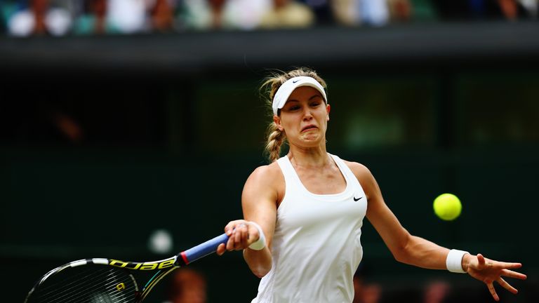 Eugenie Bouchard plays a shot against Petra Kvitova in the Wimbledon final