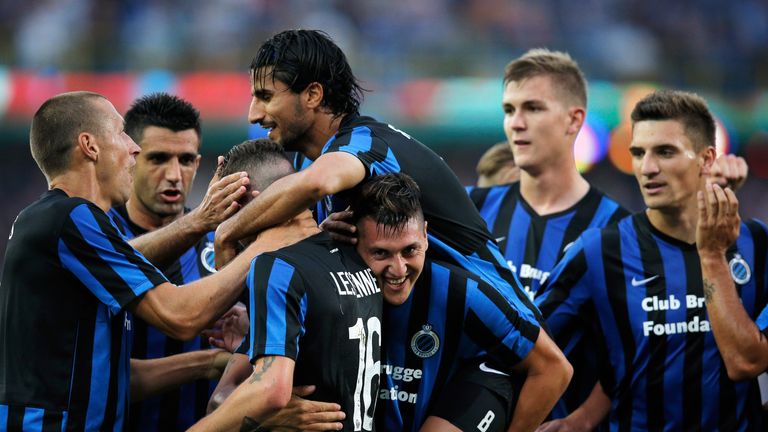 Nicolas Castillo (bottom C) of Brugge celebrates scoring the second goal of the game with team mates during the UEFA Europa League clash against Brondby