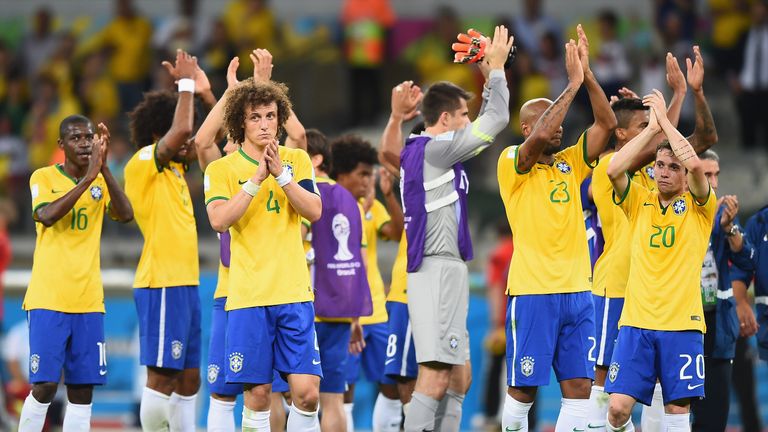 BELO HORIZONTE, BRAZIL - JULY 08:  Brazil players acknowledge the fans after a 7-1 defeat to Germany during the 2014 FIFA World Cup Brazil Semi Final match