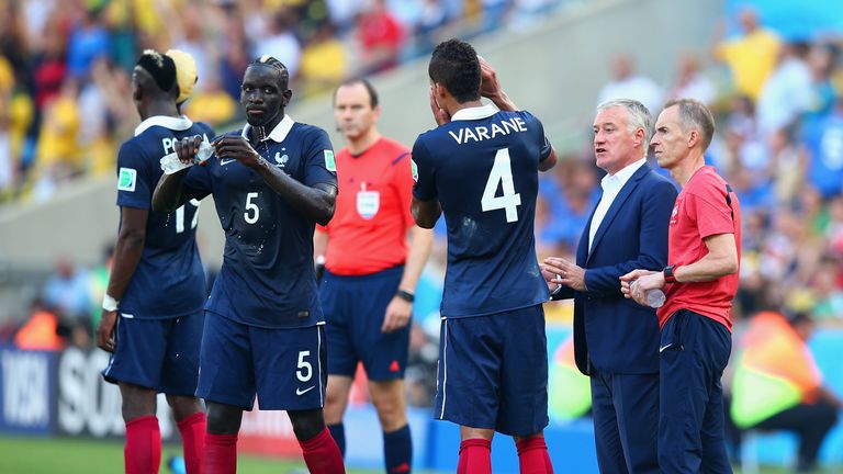 Didier Deschamps addresses France players during drinks break, FIFA World Cup, France v Germany, Maracana