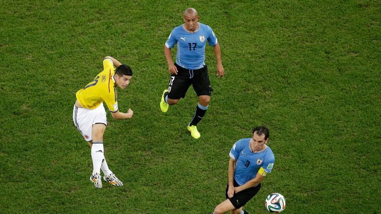James Rodriguez scores goal for Colombia v Uruguay, World Cup round of 16