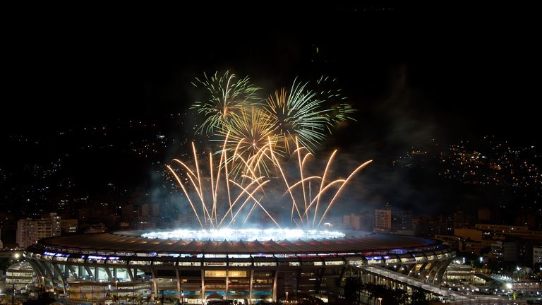 RIO DE JANEIRO, BRAZIL - JULY 13:  General view of fireworks after the 2014 FIFA World Cup Brazil Final between Germany v Argentina at Maracana Stadium on 